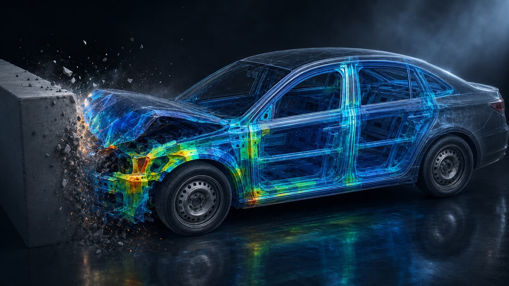Full-vehicle deformation field during a frontal rigid-barrier impact, coloured by stress